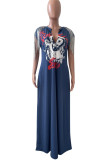 Deep Blue Street Print Tassel Patchwork V Neck Straight Dresses