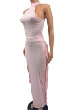 Pink Fashion Casual Solid Tassel O Neck Sleeveless Two Pieces