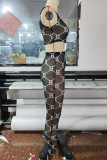 Black Sexy Print Patchwork See-through U Neck Sleeveless Two Pieces