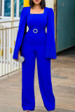 Dark Blue Fashion Casual Solid Split Joint Beading Square Collar Regular Jumpsuits