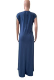 Deep Blue Street Print Tassel Patchwork V Neck Straight Dresses