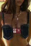 Blue Sexy Print Patchwork Spaghetti Strap Tops