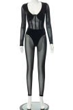 Black Sexy Solid Mesh V Neck Long Sleeve Two Pieces