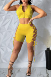 Lemon Yellow Sexy Solid Bandage Hollowed Out Split Joint Zipper Collar Sleeveless Two Pieces