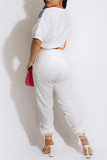 White Fashion Casual Patchwork Basic O Neck Short Sleeve Two Pieces