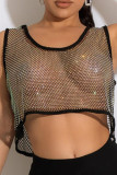 Black Silver Sexy Solid Hollowed Out Patchwork O Neck Tops