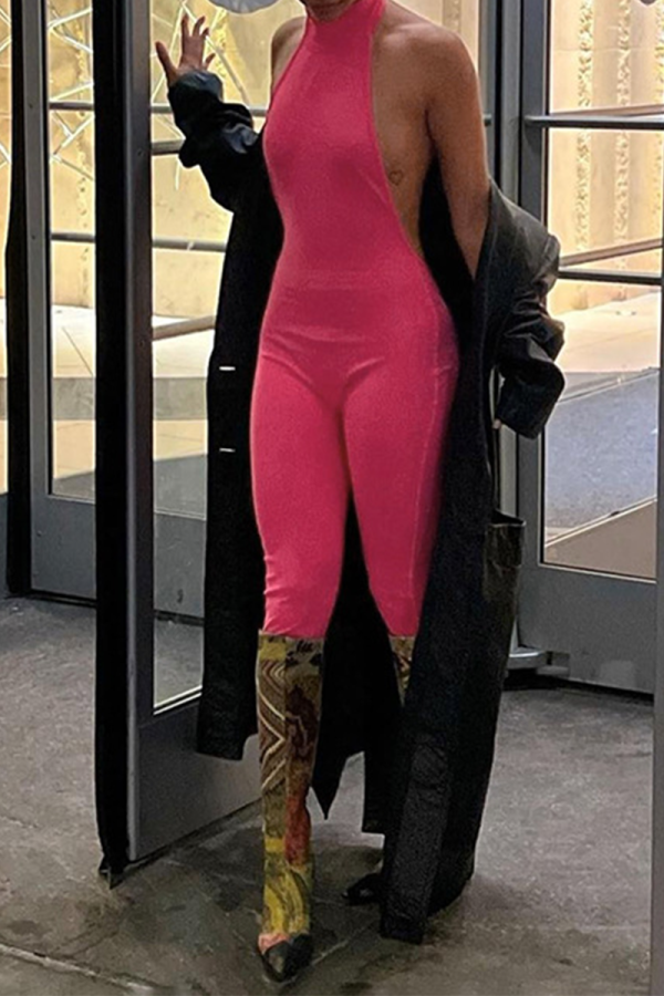 Pink Sexy Solid Patchwork Halter Skinny Jumpsuits