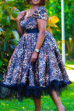 Multicolor Fashion Casual Print Leopard Patchwork V Neck Short Sleeve Dress Dresses
