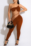 Orange Sexy Solid Split Joint See-through Oblique Collar Regular Jumpsuits