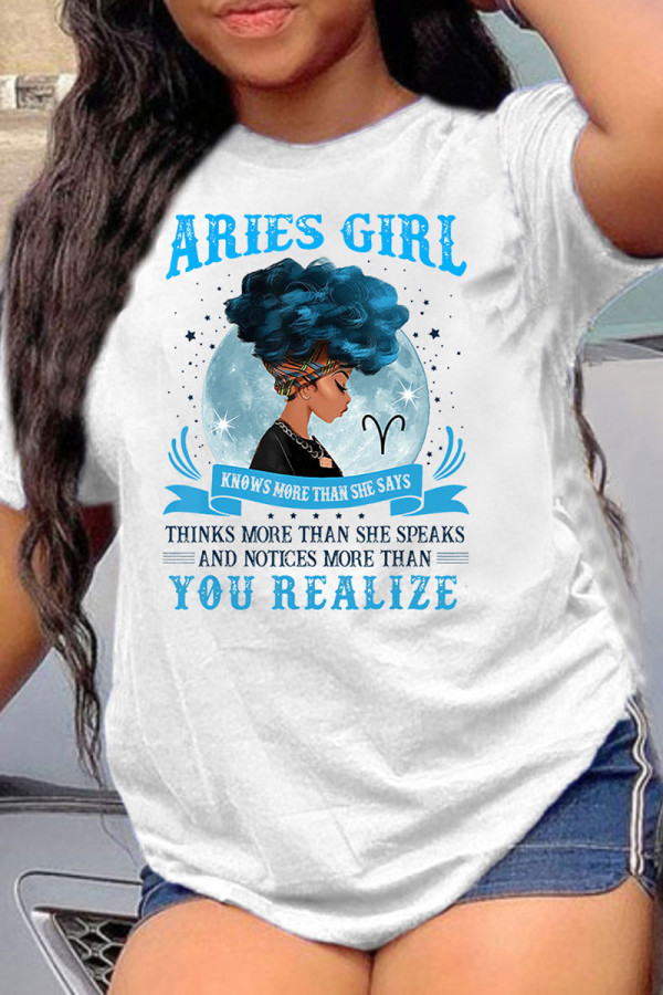 Light Blue Fashion Casual Print Basic O Neck T-Shirts
