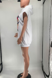 White Casual Street Print Patchwork Hooded Collar Straight Dresses