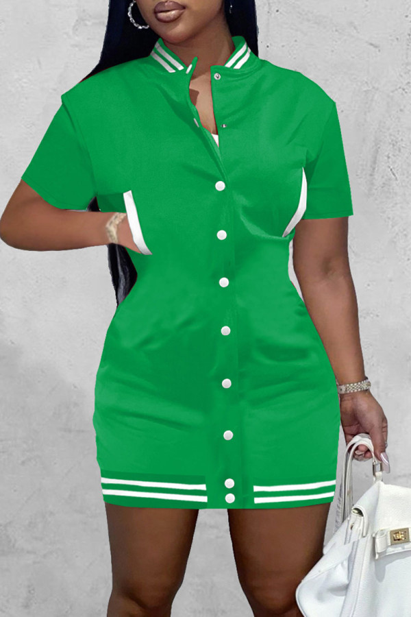 Green Casual Solid Patchwork Pocket Buckle Dresses