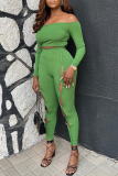 Green Fashion Solid Hollowed Out Off the Shoulder Long Sleeve Two Pieces