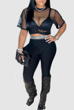 Black Sexy Solid Patchwork O Neck Short Sleeve Two Pieces