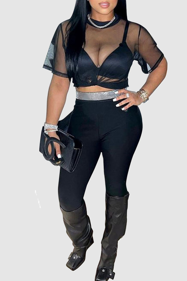 Black Sexy Solid Patchwork O Neck Short Sleeve Two Pieces