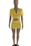 Apricot Sexy Solid Bandage Patchwork Turndown Collar Short Sleeve Two Pieces