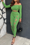 Green Fashion Solid Hollowed Out Off the Shoulder Long Sleeve Two Pieces