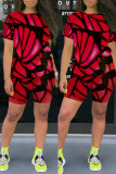 Red Fashion Casual Print Basic O Neck Short Sleeve Two Pieces