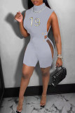 Grey Sexy Print Hollowed Out Turtleneck Sleeveless Two Pieces