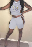 Grey Sexy Print Hollowed Out Turtleneck Sleeveless Two Pieces