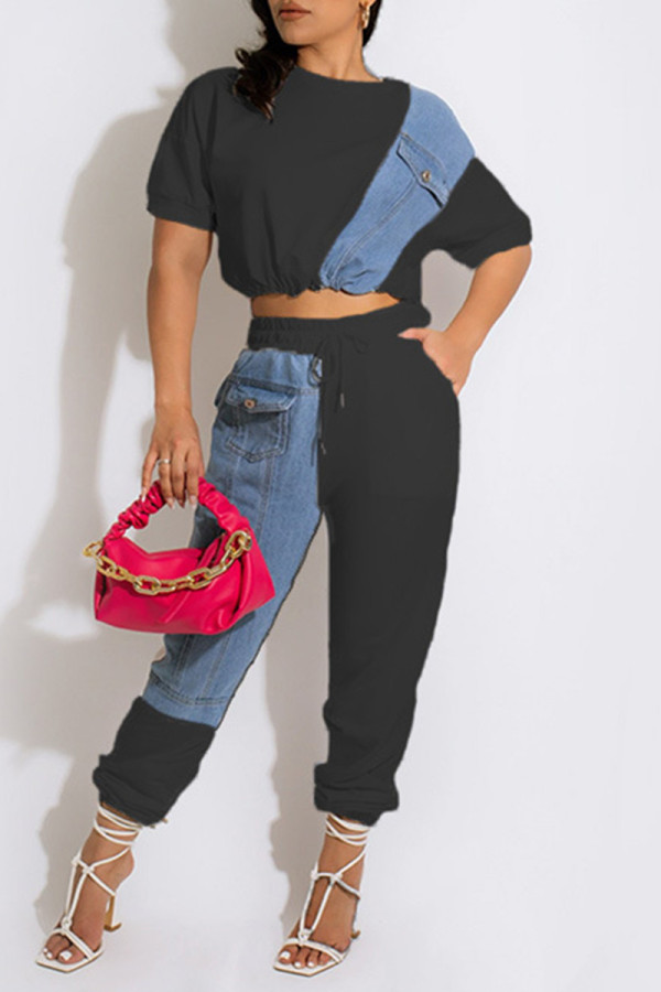 Black Fashion Casual Patchwork Basic O Neck Short Sleeve Two Pieces