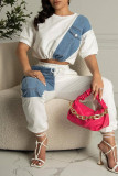 White Fashion Casual Patchwork Basic O Neck Short Sleeve Two Pieces