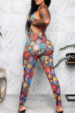Multicolor Fashion Sexy Print Hollowed Out Backless Halter Sleeveless Two Pieces
