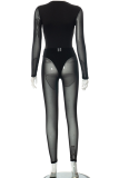 Black Sexy Solid Mesh V Neck Long Sleeve Two Pieces