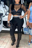 Black Sexy Solid Patchwork O Neck Short Sleeve Two Pieces
