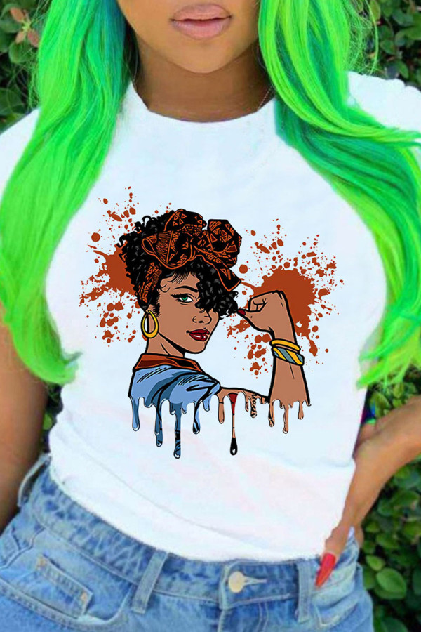 White Brown Fashion Casual Print O Neck T-Shirts