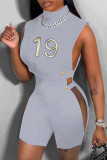 Grey Sexy Print Hollowed Out Turtleneck Sleeveless Two Pieces