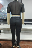 Black Sexy Solid Patchwork O Neck Short Sleeve Two Pieces
