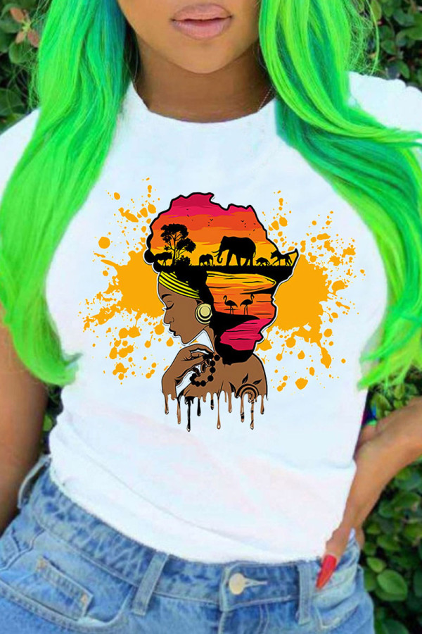 Orange Fashion Casual Print O Neck T-Shirts