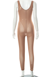 Black Fashion Solid Mesh U Neck Skinny Jumpsuits