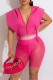 Rose Red Fashion Solid Mesh Hooded Collar Sleeveless Two Pieces