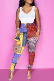 White Fashion Casual Print Patchwork V Neck Sleeveless Two Pieces