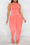 Pink Casual Solid Tassel Split Joint O Neck Sleeveless Two Pieces