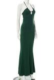 Dark Green Sexy Solid Patchwork Halter Trumpet Mermaid Dresses