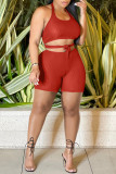 Red Sexy Casual Solid Bandage Backless Halter Sleeveless Two Pieces