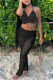 Black Sexy Solid Bandage Hollowed Out Patchwork Halter Sleeveless Two Pieces