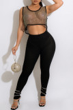 Black Silver Sexy Solid Hollowed Out Patchwork O Neck Tops