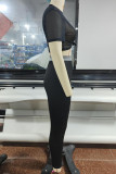 Black Sexy Solid Patchwork O Neck Short Sleeve Two Pieces
