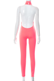 Pink Sexy Solid Patchwork Halter Skinny Jumpsuits