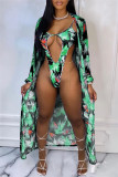 Green Fashion Sexy Print Hollowed Out Cardigan Swimwears