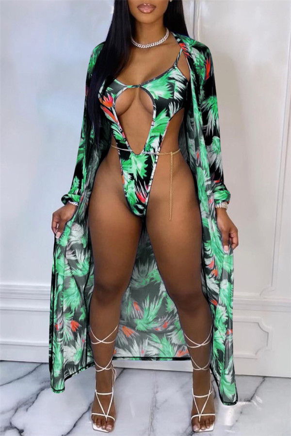 Green Fashion Sexy Print Hollowed Out Cardigan Swimwears