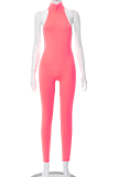 Pink Sexy Solid Patchwork Halter Skinny Jumpsuits