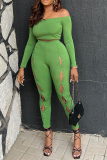 Green Fashion Solid Hollowed Out Off the Shoulder Long Sleeve Two Pieces