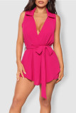 Rose Red Casual Solid Patchwork V Neck Straight Rompers