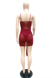 Burgundy Fashion Sexy Solid Split Joint See-through Backless Spaghetti Strap Sleeveless Two Pieces