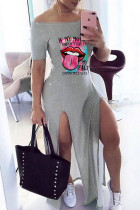 Gray Pink Fashion Casual Print Slit Off the Shoulder Short Sleeve Dress Dresses